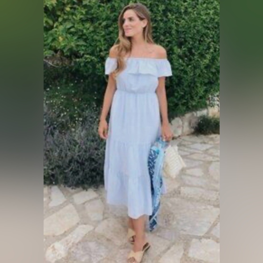Club Monaco 100% SILK Elegant Off-Shoulder Light Blue Dress